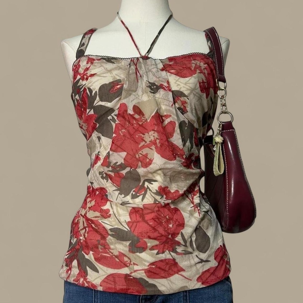 Y2K Willi Smith Earthy Floral Abstract Halter Top Ruched Womens L Boho Fairy